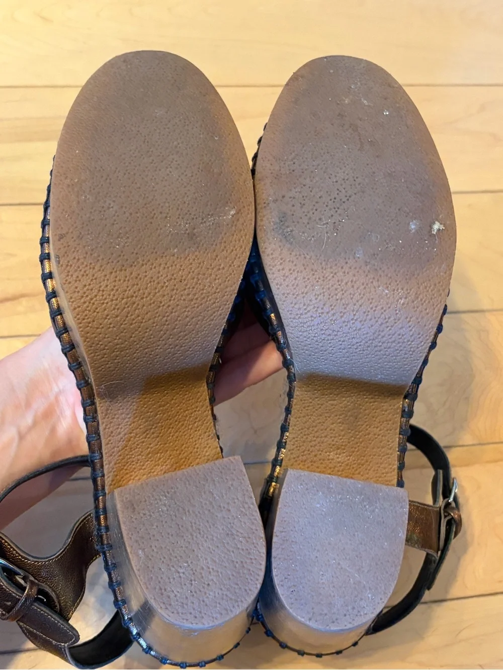 Rachel Comey Metallic Bronze Leather Wooden Block Heel Sandals size ten (10)